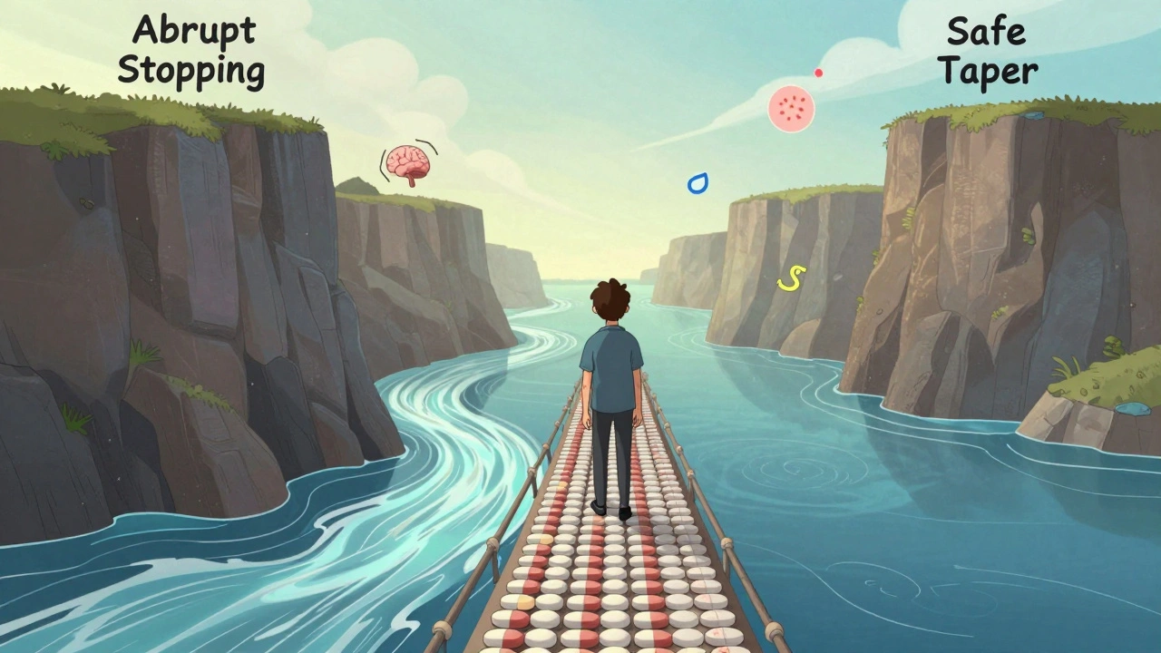 Persona cruzando un puente de píldoras, con ríos que simbolizan diferentes tiempos de eliminación de medicamentos.