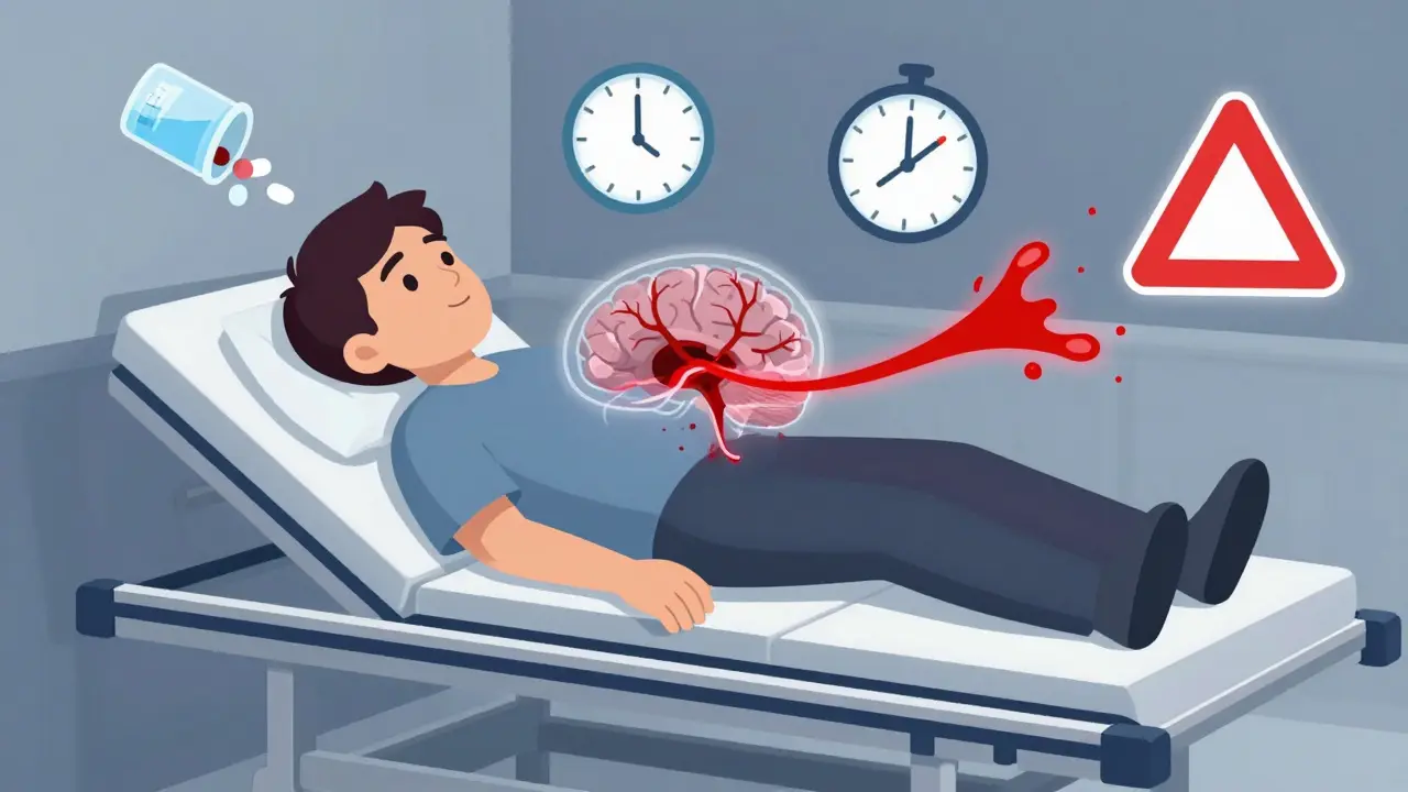 Persona tras una caída con sangrado interno en el cerebro representado como trazos rojos.