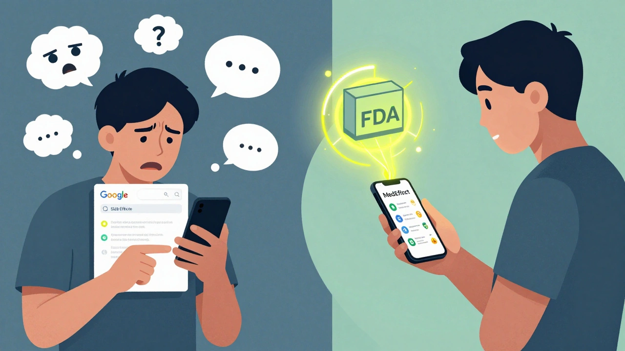 Persona usando la app MedEffect para reportar efectos secundarios, en contraste con búsqueda confusa en Google.