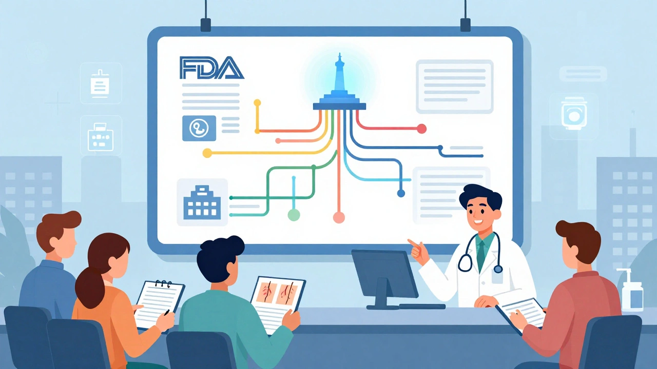 Red de reportes de pacientes fluyendo hacia un monumento de la FDA, con pacientes entregando información médica.
