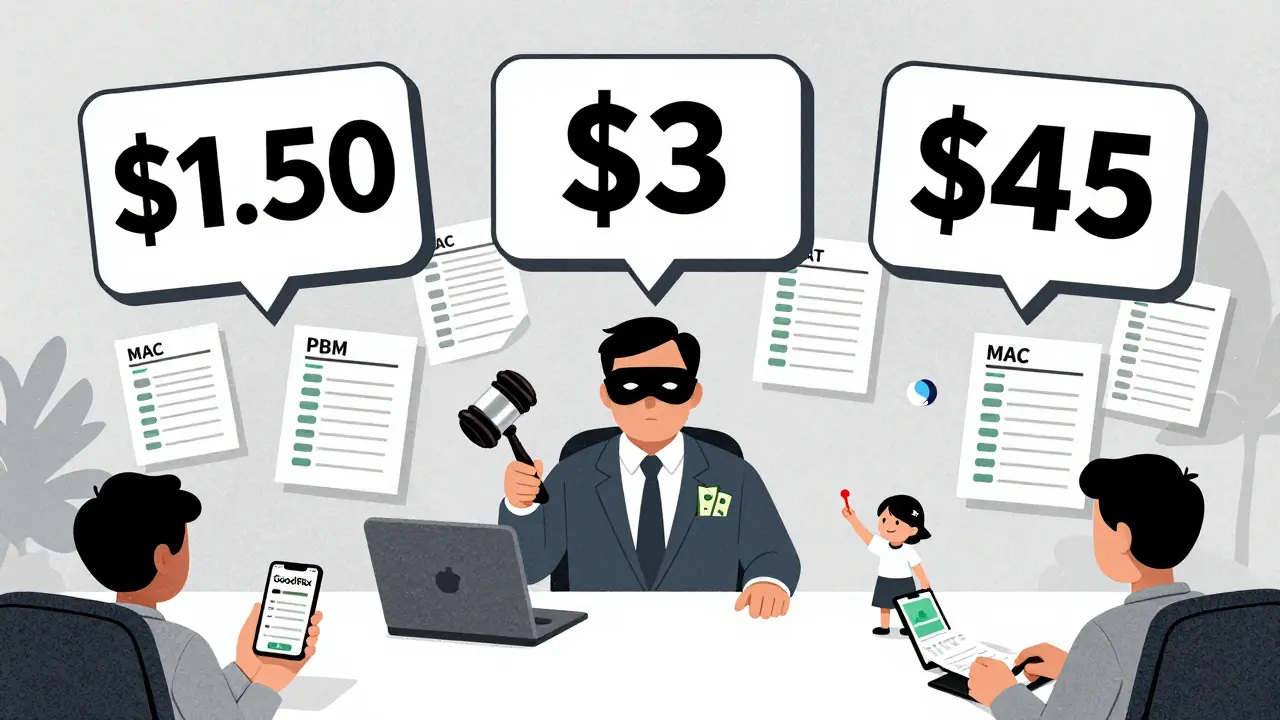 Tres empresas farmacéuticas pujan en una subasta con precios flotantes, mientras un intermediario oculta dinero.