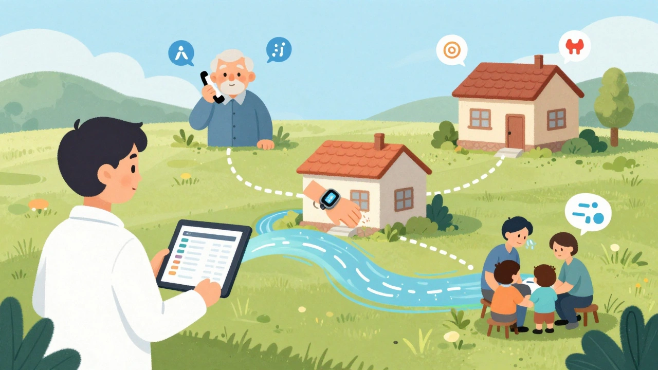 Un coordinador de salud conecta a pacientes rurales mediante llamadas y sensores, con síntomas representados como íconos flotantes.