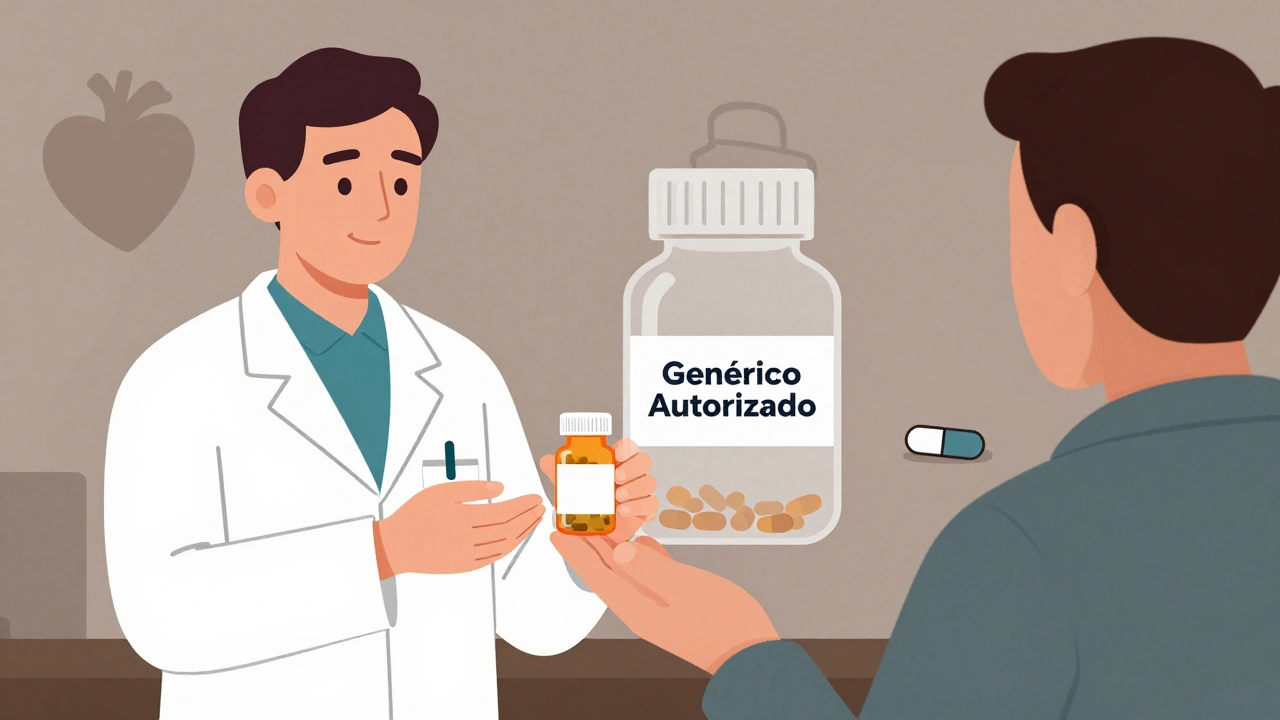 Un farmacéutico entrega una pastilla mientras se ven dos versiones idénticas dentro del frasco.