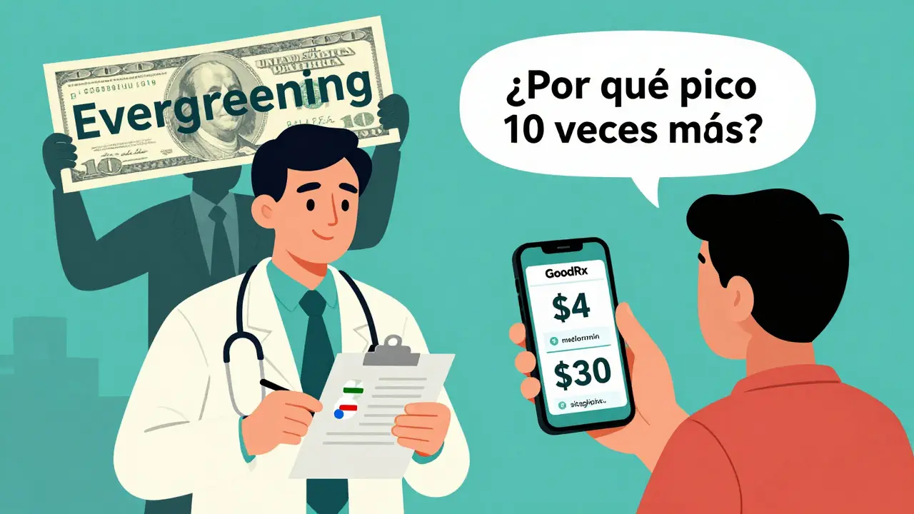 Un médico y un paciente comparando precios de medicamentos en una pantalla, mientras una figura corporativa observa.