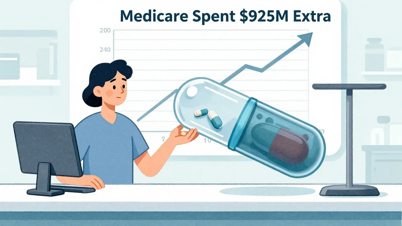 Un paciente en la farmacia sosteniendo dos opciones de medicamentos, con una vista interna de la pastilla combinada.