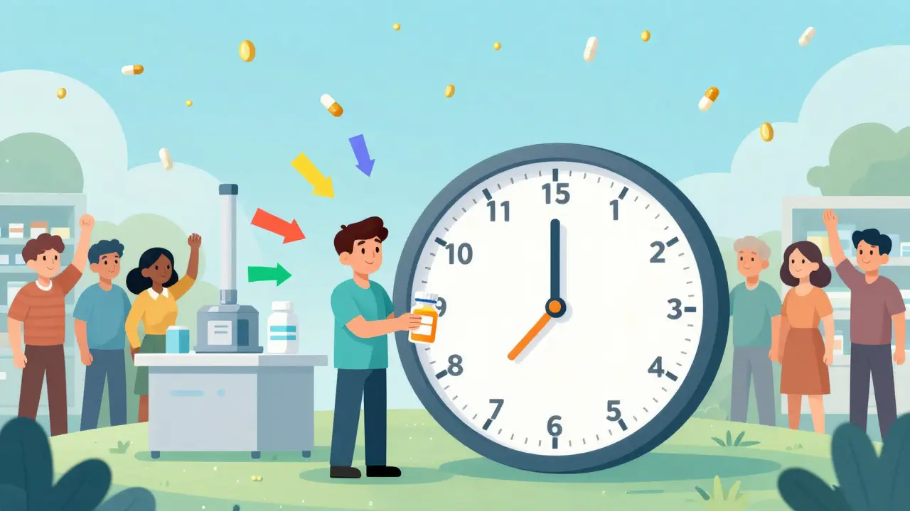 Un paciente junto a un reloj que muestra el tiempo de aprobación reducido, mientras píldoras genéricas caen del cielo.