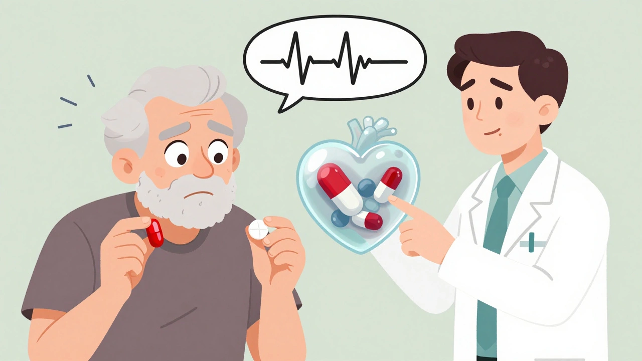 Un paciente mira dos pastillas distintas mientras un farmacéutico le explica que son la misma medicina.