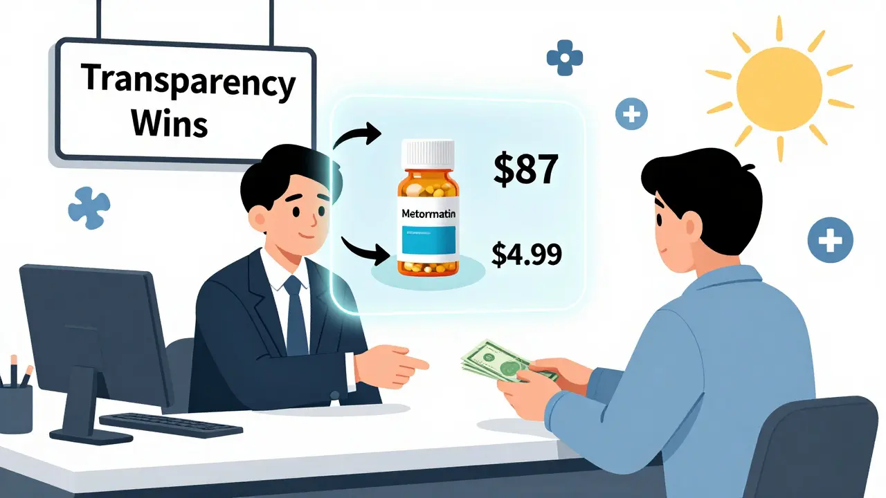 Un paciente paga .99 en efectivo por un medicamento, mientras encima se ve el precio oculto de  con seguro.