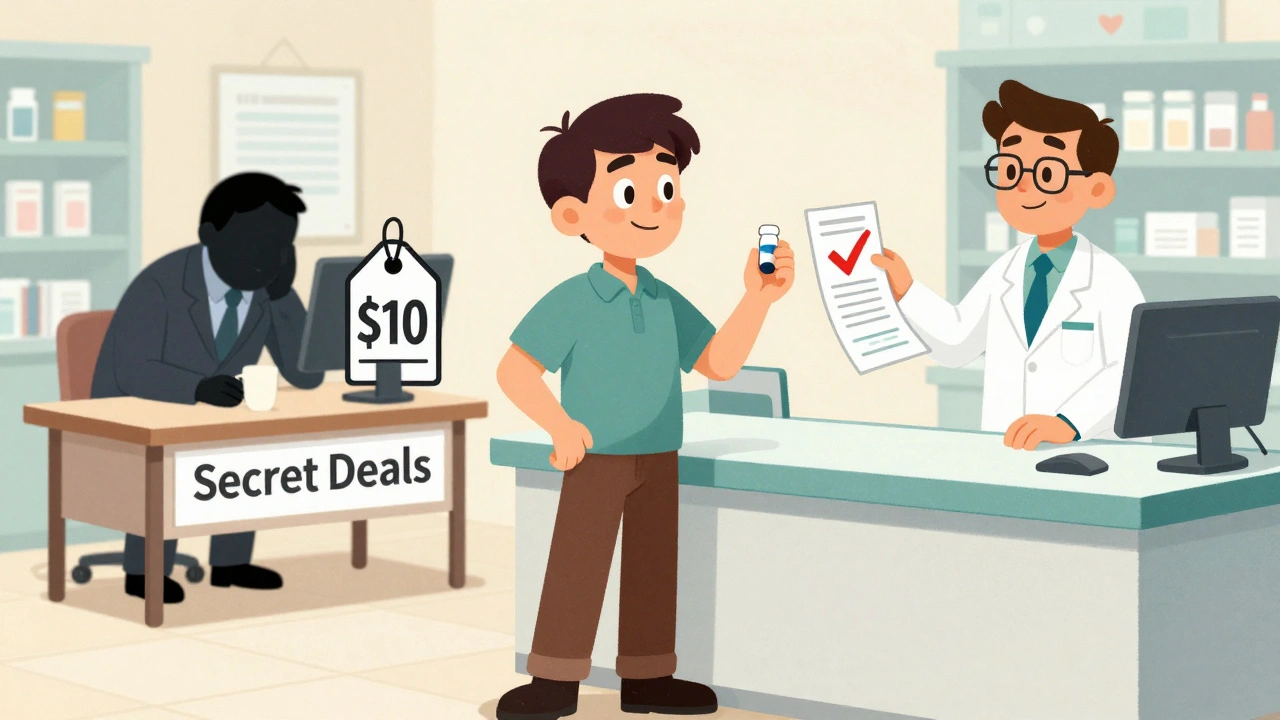 Un paciente recibe una píldora genérica de  mientras un figura oculta acuerdos secretos detrás, con un recibo de ahorro visible y un gran checkmark.
