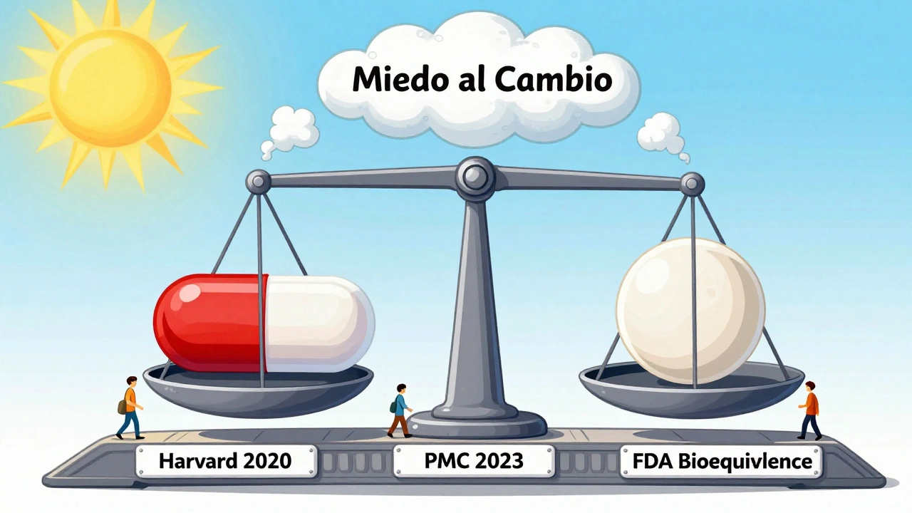 Una balanza equilibrada con pastillas de marca y genéricas, sostenida por estudios médicos y disipando el miedo.