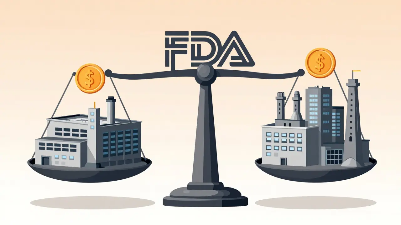 Una balanza equilibrando una pequeña empresa y una gran farmacéutica pagando tarifas, con un emblema de la FDA en el centro.