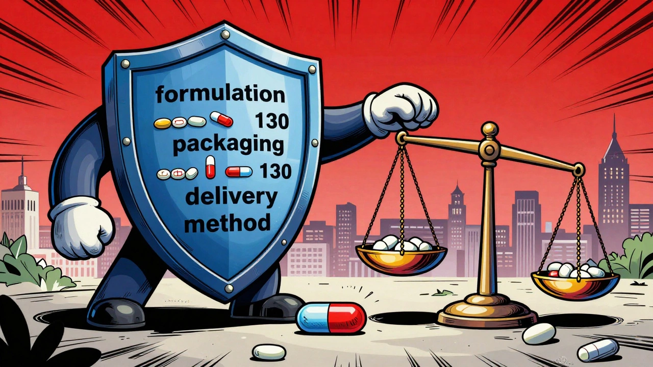 Una empresa farmacéutica usa una escuda de patentes para bloquear un biosimilar que intenta entrar al mercado, con una balanza inclinada hacia los ahorros del paciente.