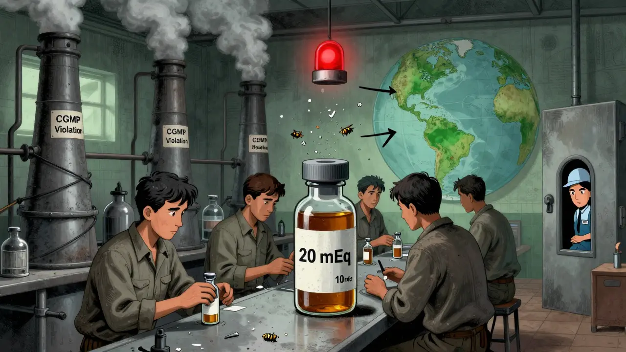 Una fábrica en la India produce medicamentos contaminados, con partículas flotando y una etiqueta incorrecta, mientras un inspector de la FDA observa desde lejos.