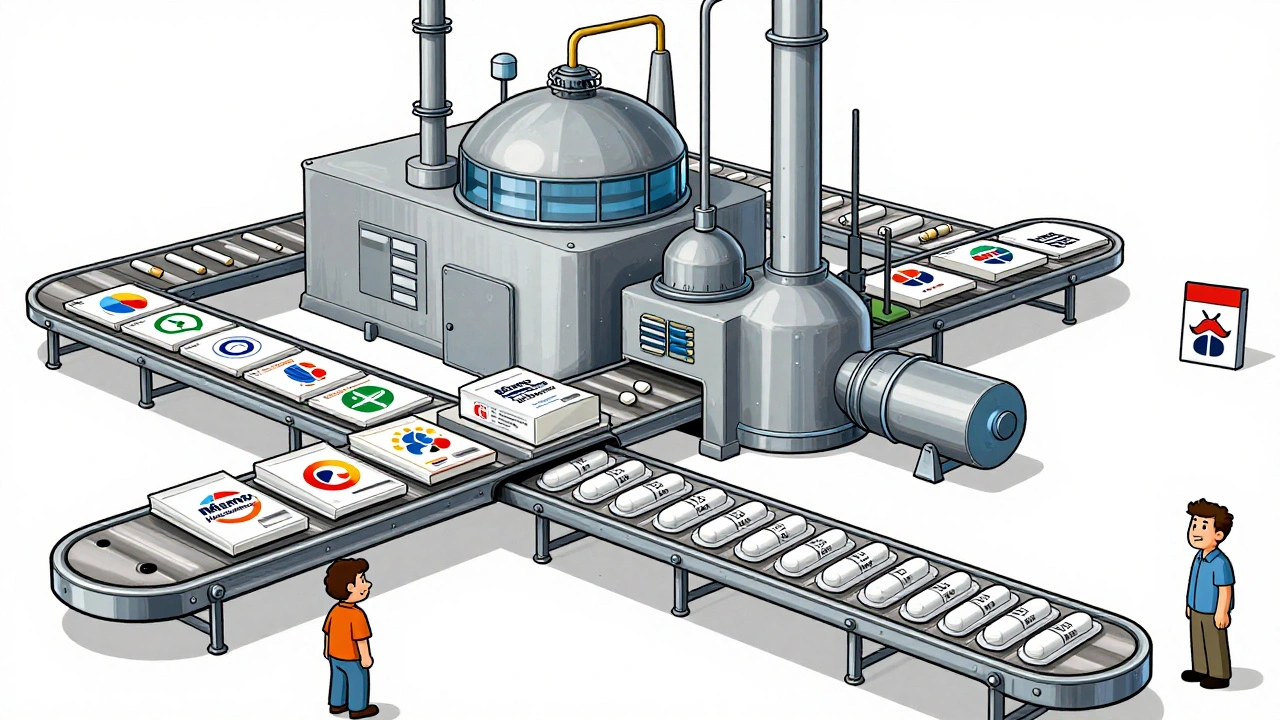 Una fábrica produce pastillas idénticas en dos líneas: una con marca y otra sin ella, mientras una pequeña empresa observa.