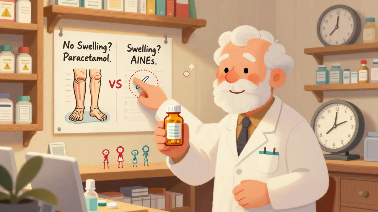 Anciano en farmacia española recibiendo consejo sobre elegir analgésicos, con gráfico visual de tipos de dolor.