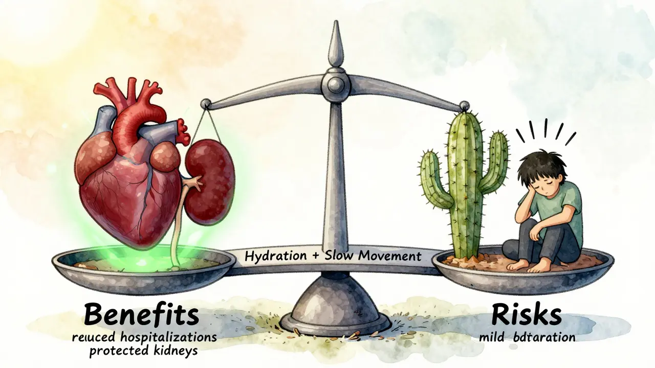 Balanza con beneficios cardiovasculares frente a riesgos de deshidratación, conectados por hidratación y movimiento lento.