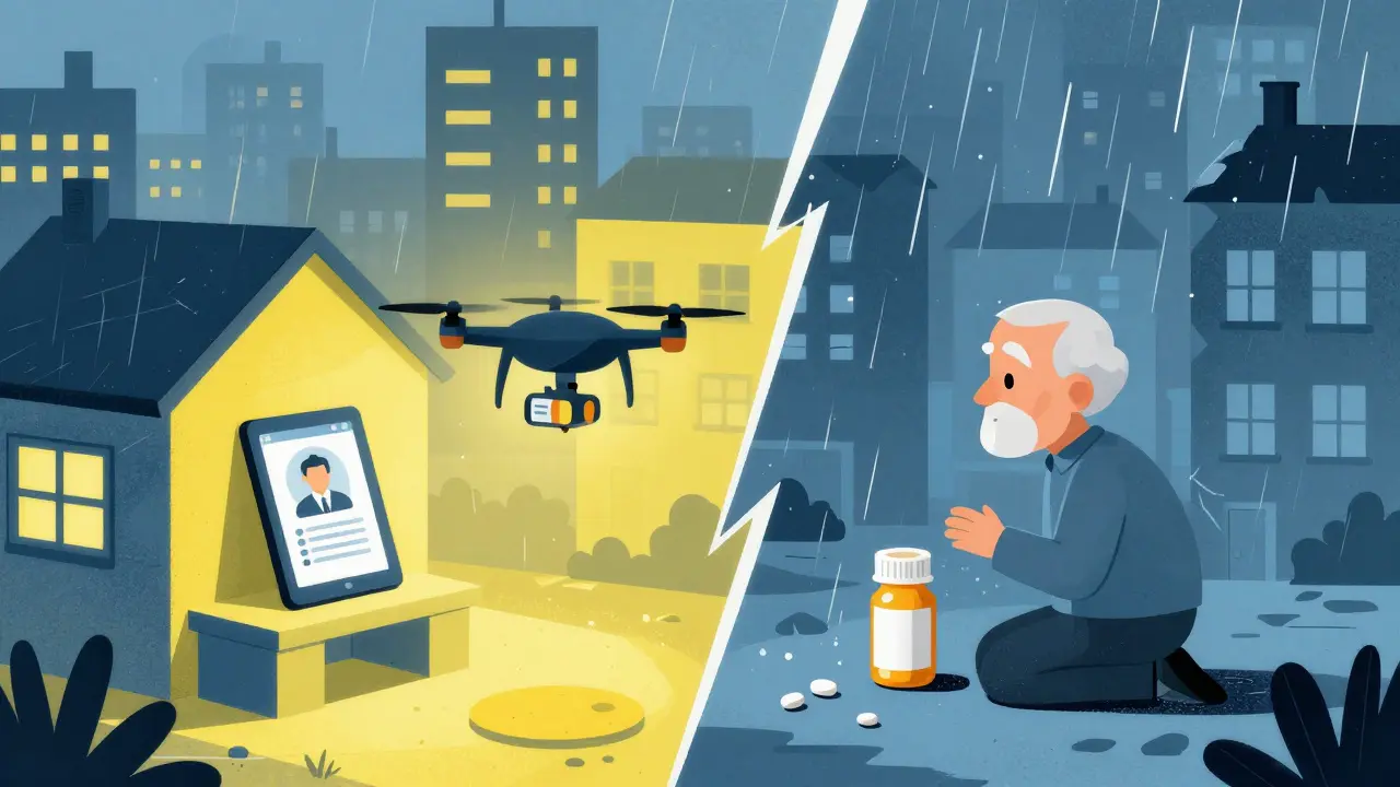 Ciudad dividida: una casa con telemedicina y un barrio abandonado donde una persona mira una botella vacía bajo la lluvia.