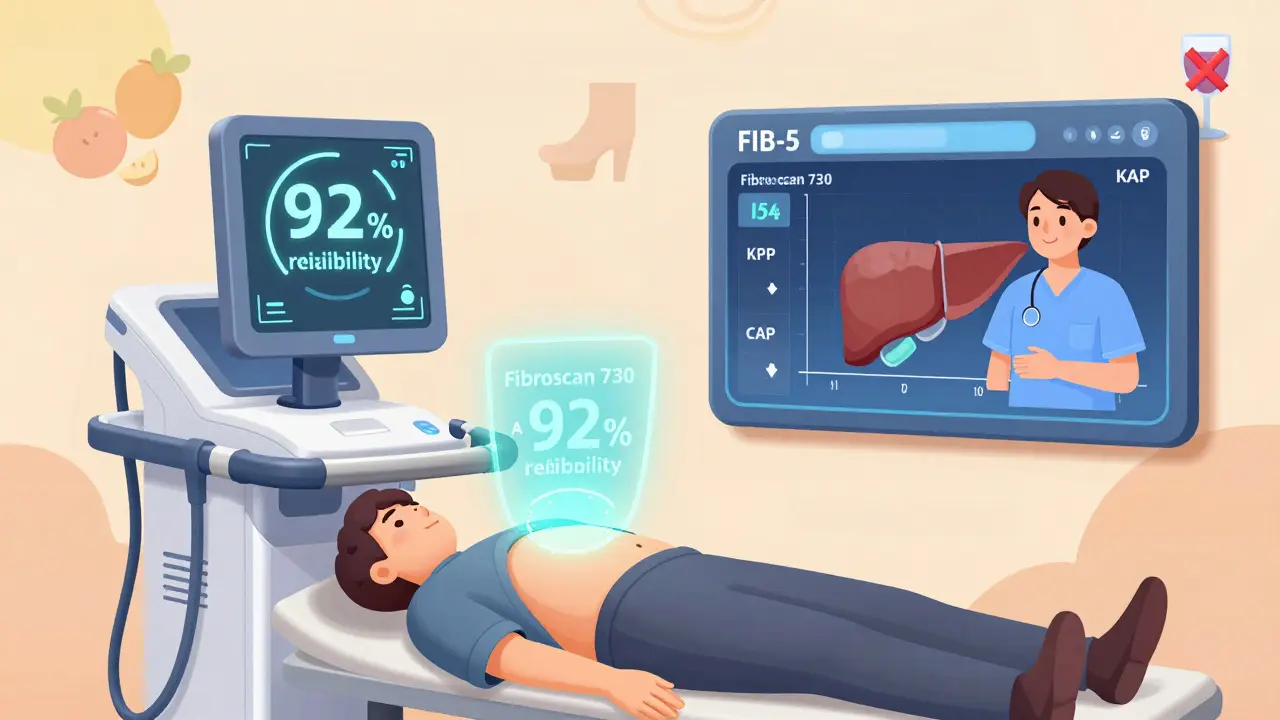 Dispositivo FibroScan 730 con IA y nueva fórmula FIB-5 mostrando mejora hepática con estilo optimista.