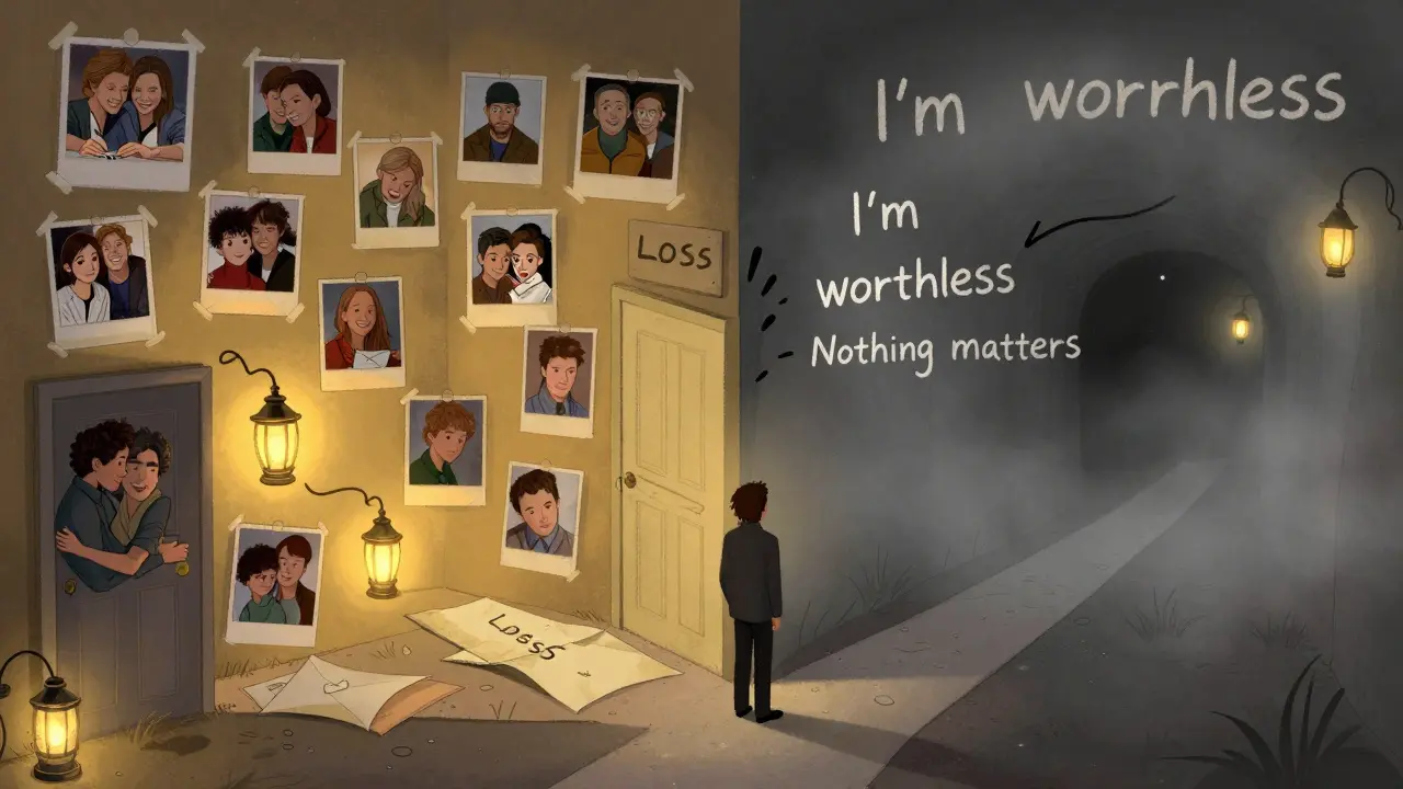 Dos caminos separados tras una puerta: uno iluminado por recuerdos felices, otro oscuro con susurros negativos.