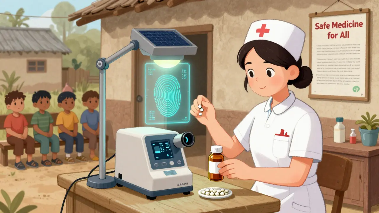 Enfermera usa espectrómetro portátil en clínica rural para verificar medicamento auténtico.