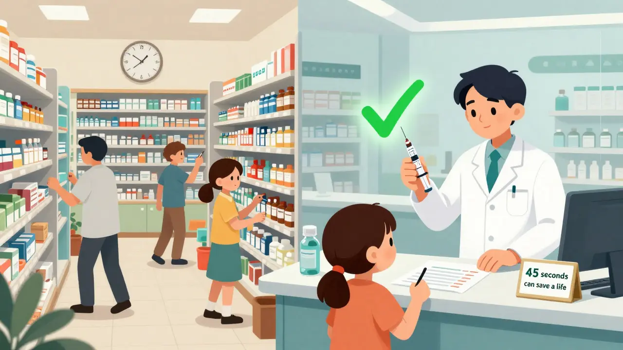 Escena dividida: farmacia caótica a la izquierda y segura a la derecha, con jeringa oral y checklist verificado.