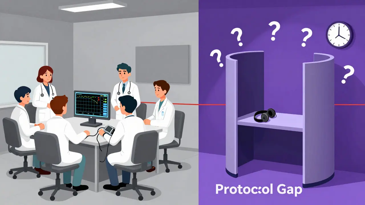 Escena dividida: médicos monitorean riñones mientras una audiometría permanece sin usar, destacando la brecha en el cuidado.