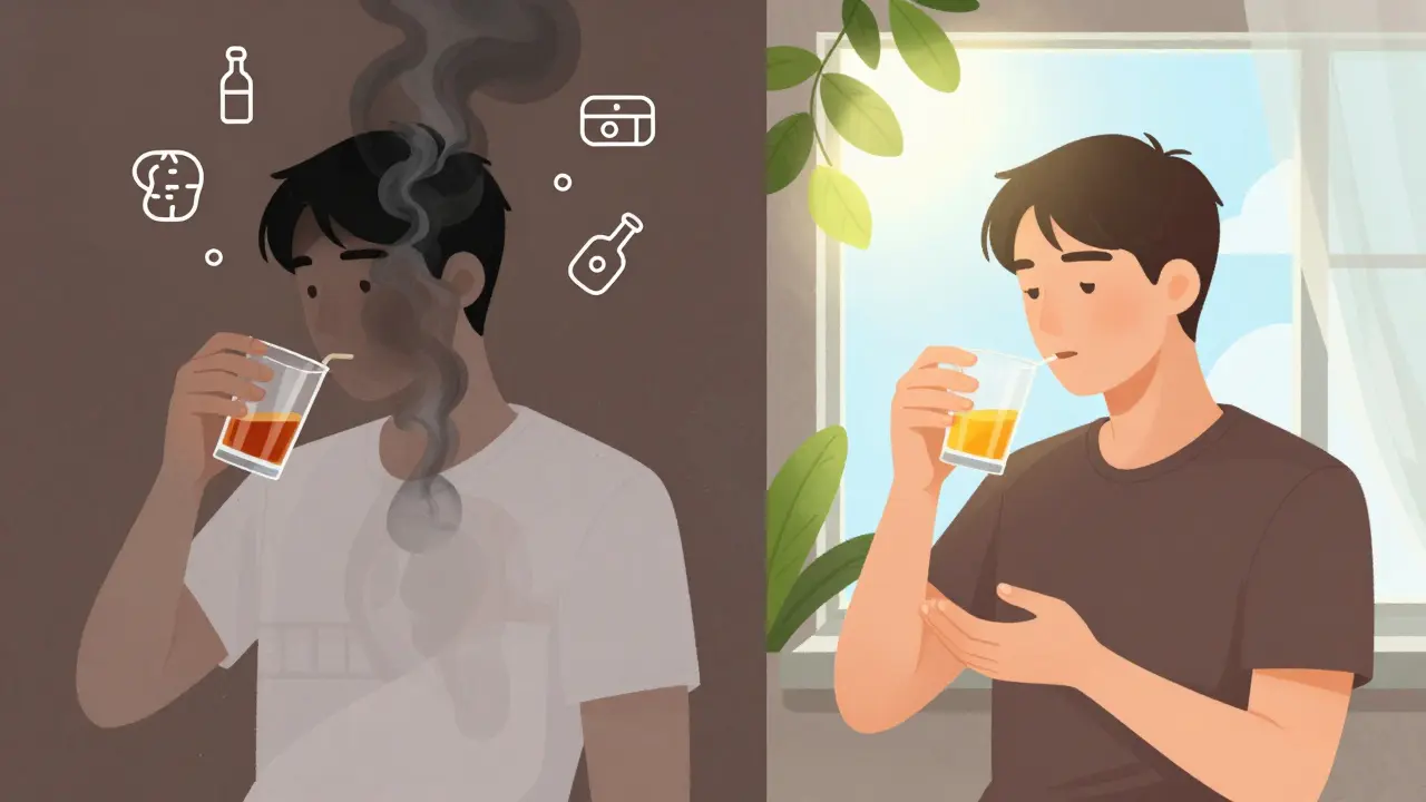 Escena dividida: persona con Benadryl y alcohol vs. persona con Claritin y luz solar, contrastes de color y simbolismo.