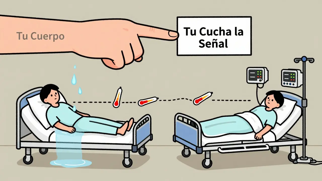 Escena dividida: recuperación en casa vs. emergencia hospitalaria, con una señal de cuerpo alertando.
