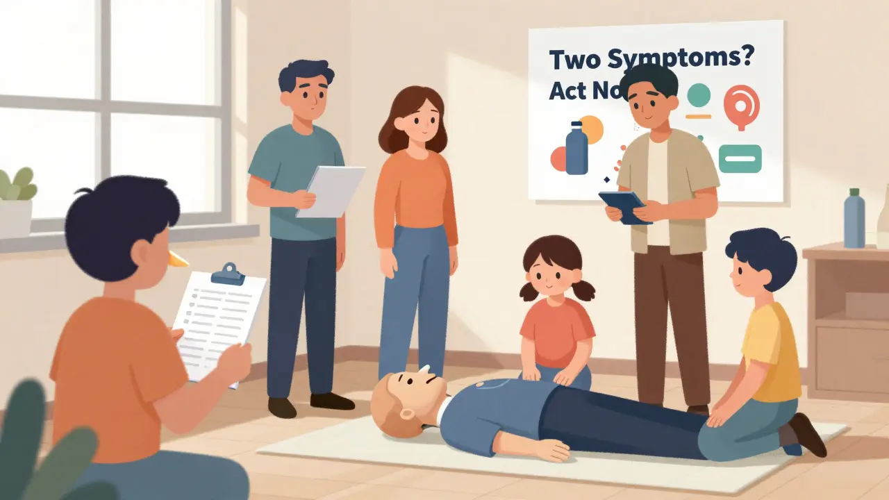 Familia entrenando con un maniquí y spray de prueba, uno muestra la posición lateral de seguridad, con un cartel abstracto en la pared.