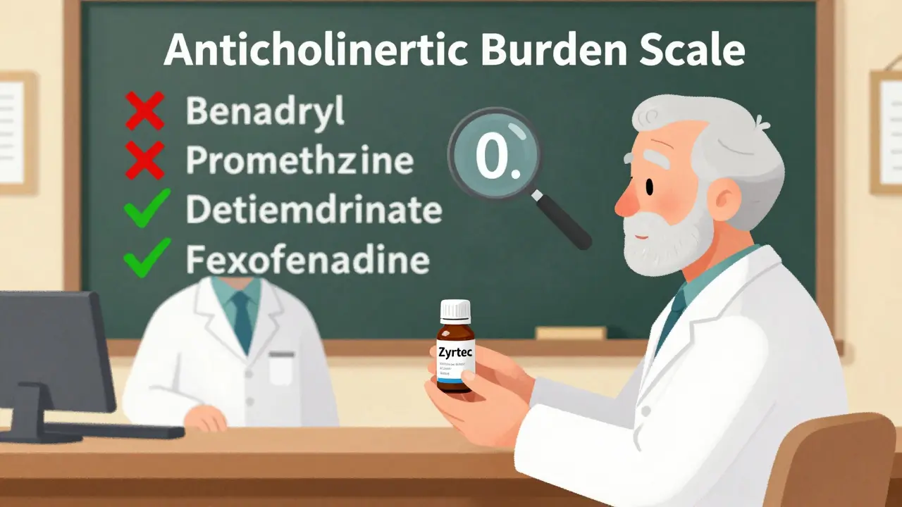 Farmacéutico entrega Zyrtec a un paciente mayor mientras una pizarra muestra medicamentos seguros y peligrosos.