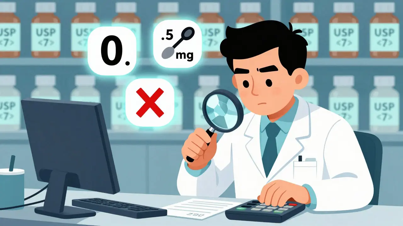 Farmacéutico verificando una receta con calculadora y lupa, mientras errores potenciales flotan como íconos.