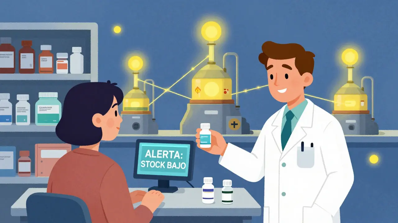 Farmacia española con medicamentos genéricos y fábricas locales, simbolizando resiliencia y solución nacional.