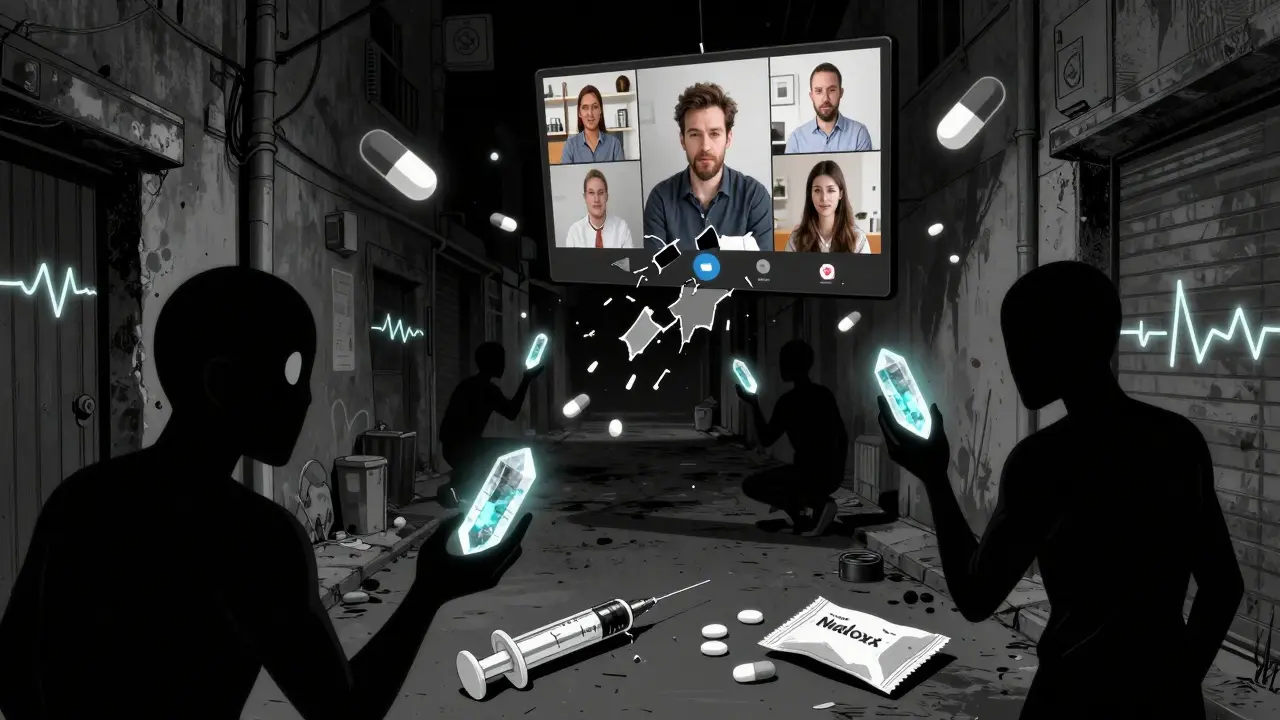 Figuras sombrías en un callejón intercambiando pastillas con cristales de fentanilo brillantes, mientras una videollamada se rompe en el aire.