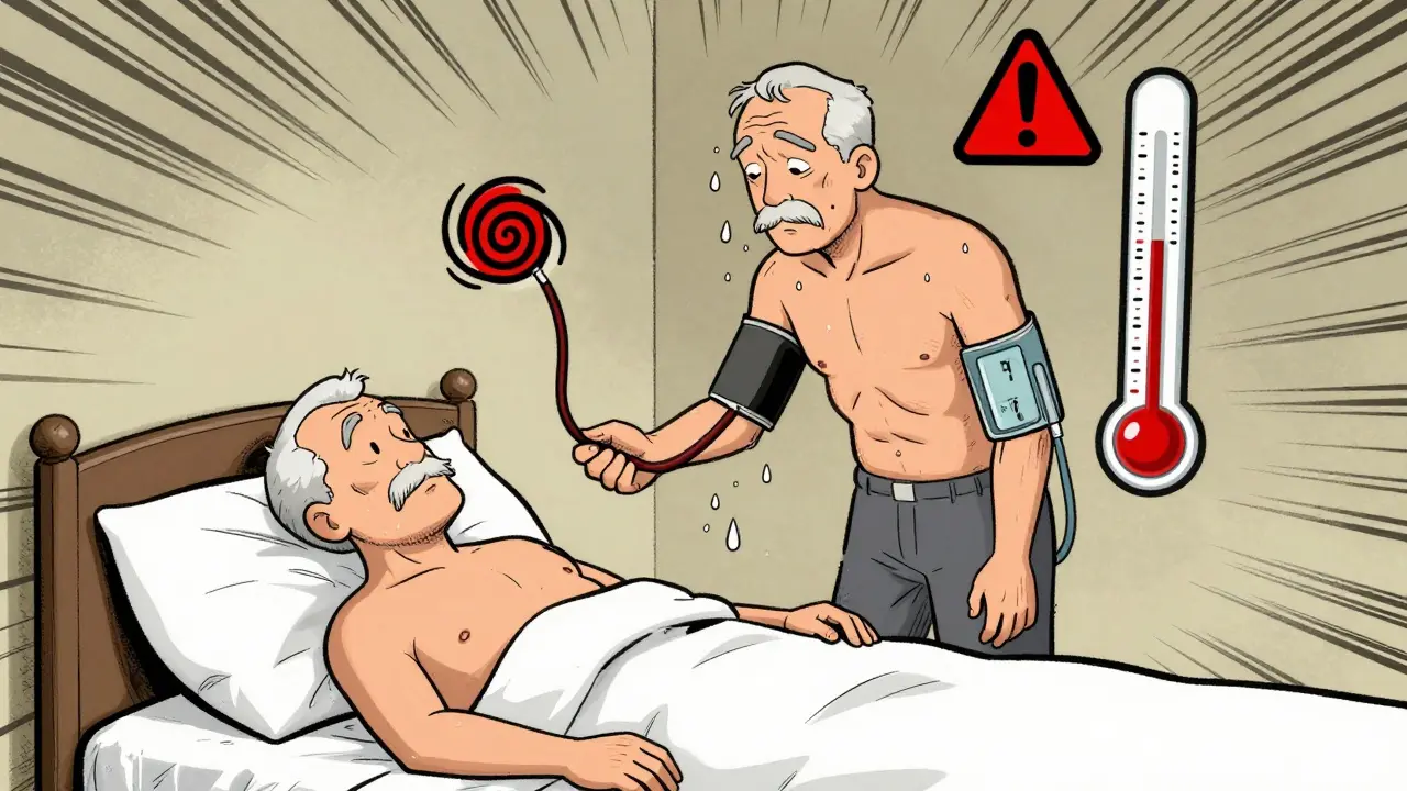 Hombre mayor levantándose lentamente de la cama con presión arterial cayendo y símbolo de mareo.