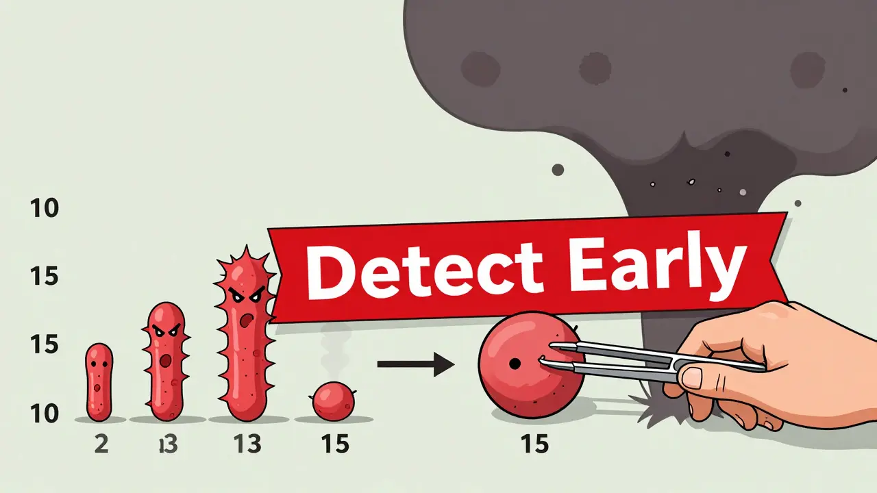 Línea de tiempo comparativa del crecimiento de pólipos adenomatosos y serrados hacia el cáncer.