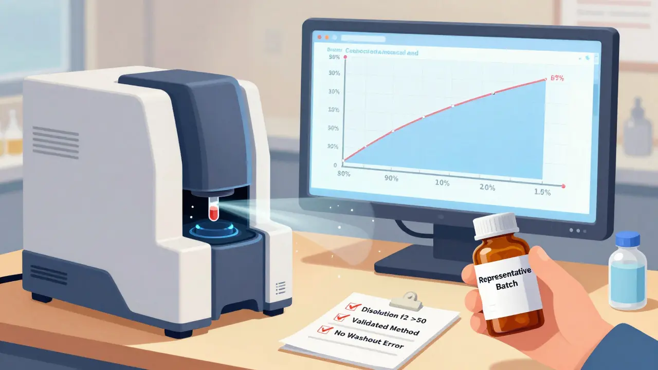 Máquina de laboratorio analizando muestras de sangre con una gráfica de bioequivalencia en pantalla.