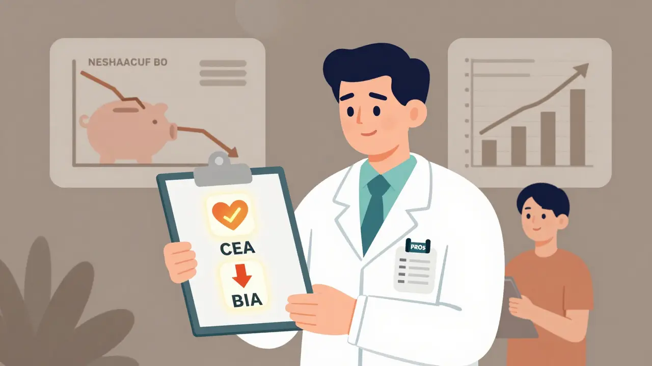 Médico con clipboards mostrando tres íconos de análisis de costo-efectividad, impacto presupuestario y resultados del paciente.