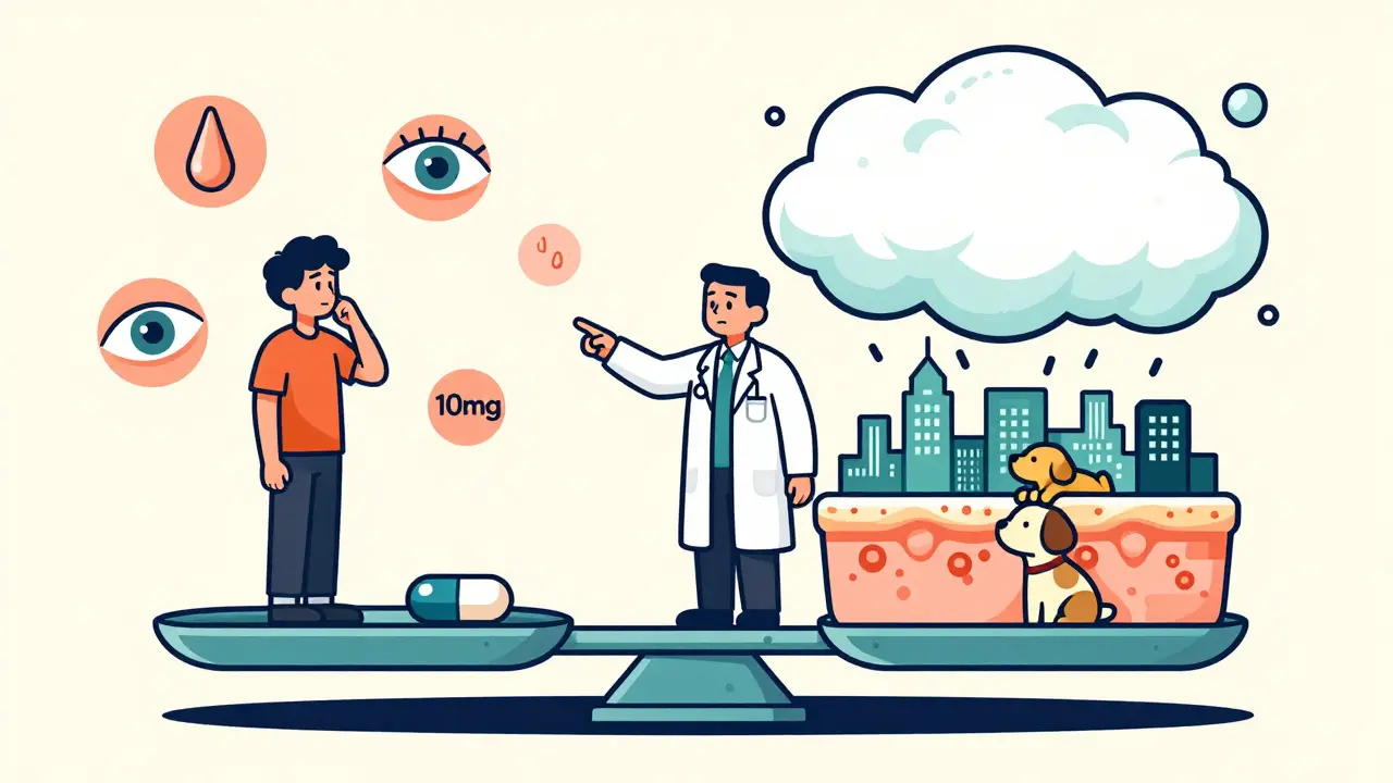 Médico señalando una balanza entre una pastilla pequeña y una nube grande de alérgenos.