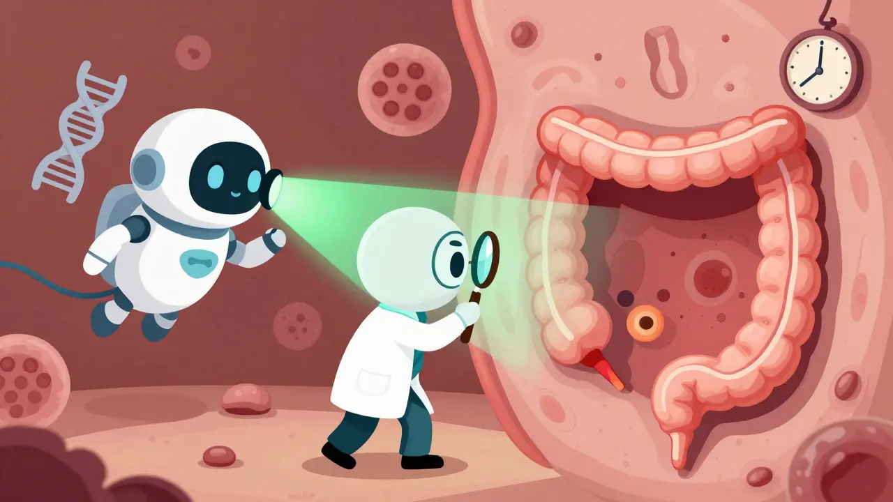 Médico y robot de IA detectando un pólipo serrado oculto durante una colonoscopia.