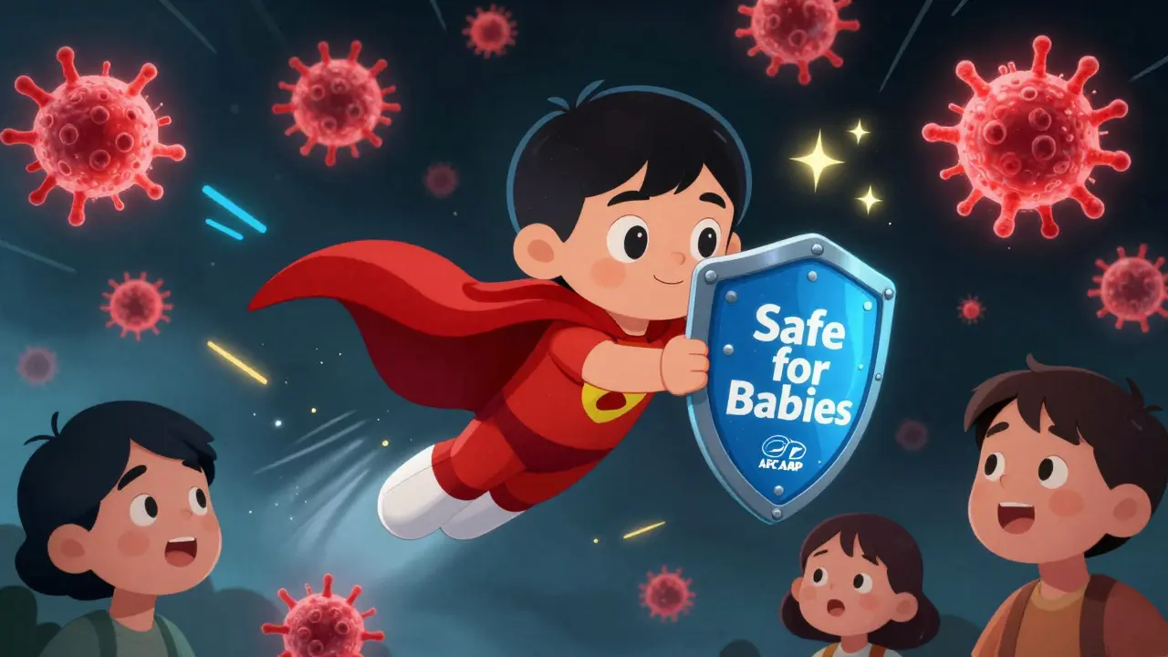 Niño superhéroe con pastilla de doxiciclina como capa luchando contra bacterias de fiebre manchada.