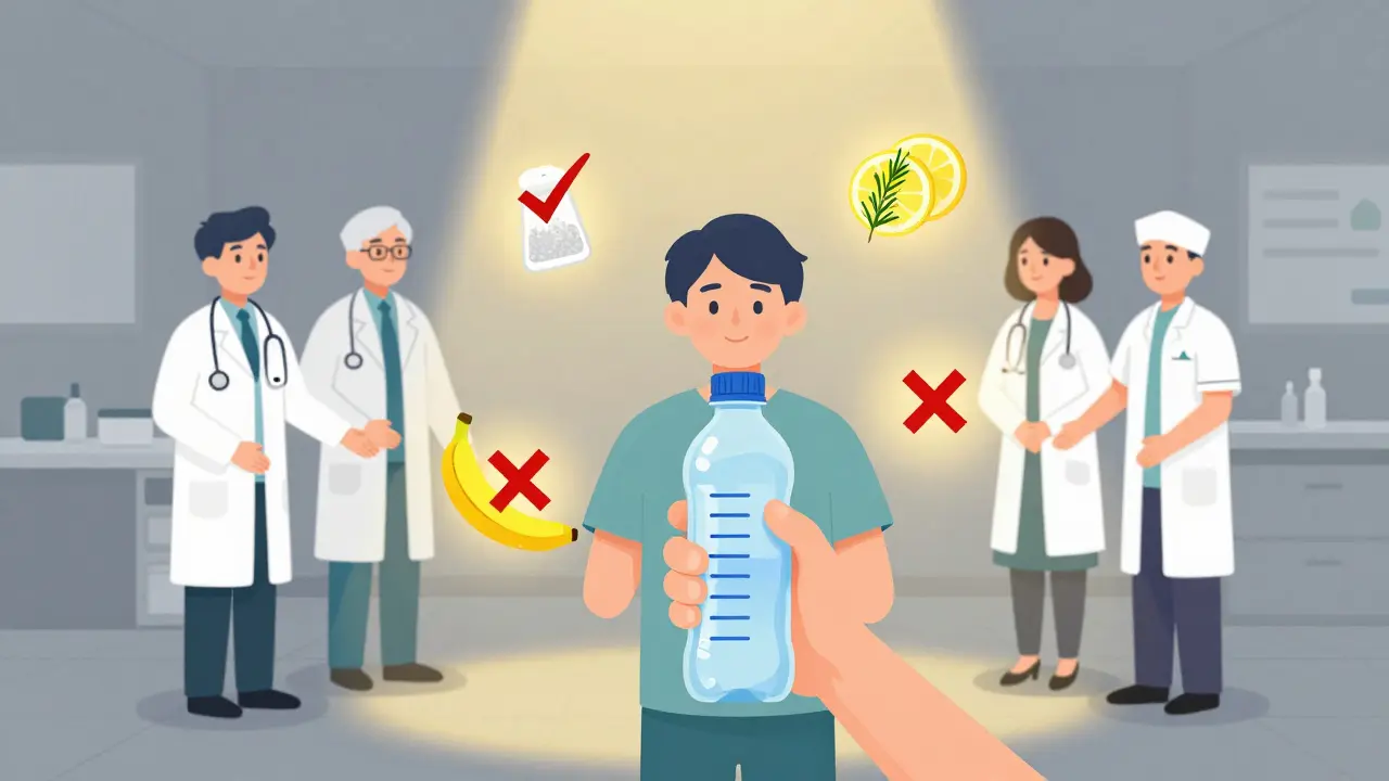 Paciente con botella de agua limitada y alimentos saludables, rodeado por un equipo médico protector.