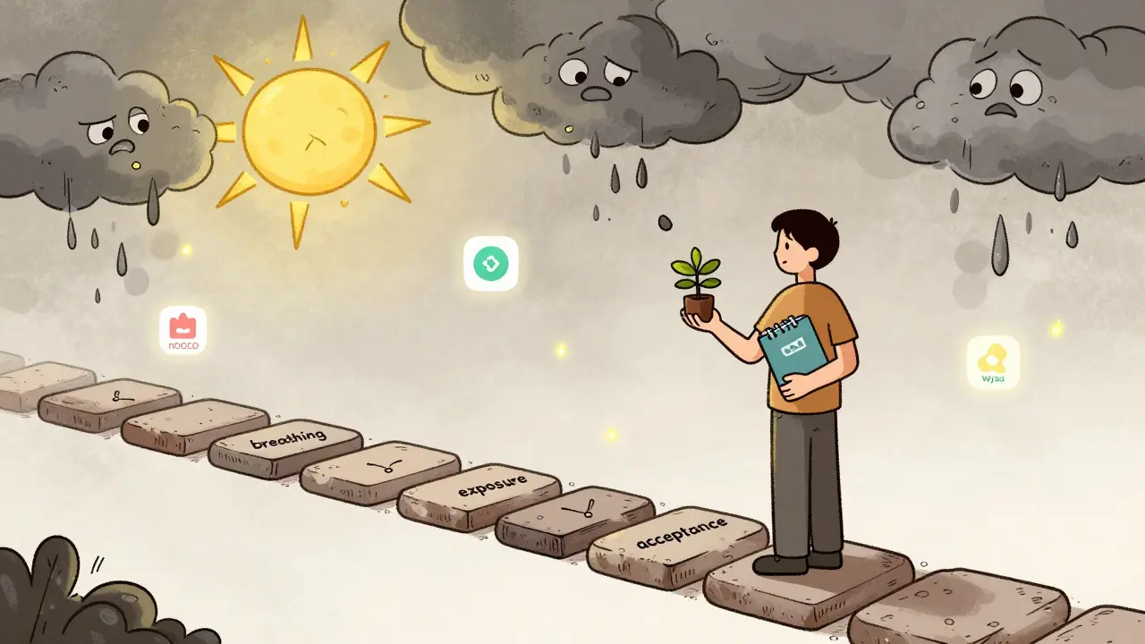 Persona avanzando hacia la recuperación con herramientas de terapia y apps de apoyo.