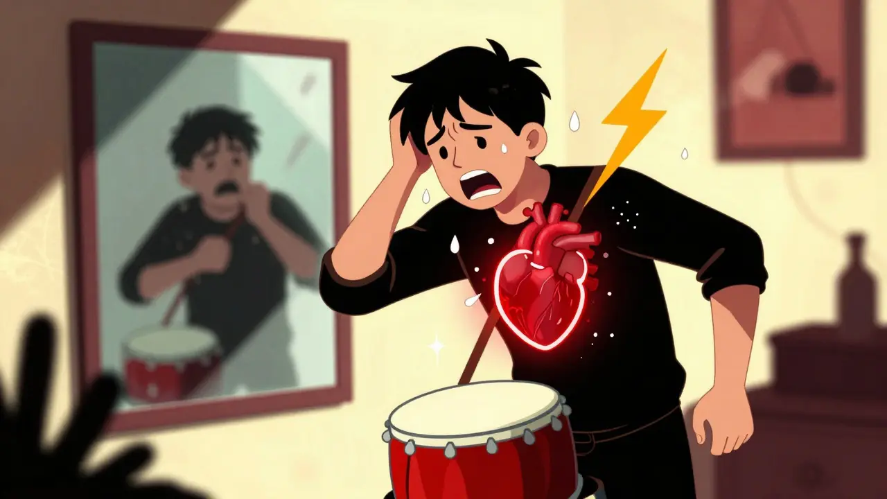 Persona en pleno ataque de pánico con síntomas físicos exagerados y reflejo distorsionado.