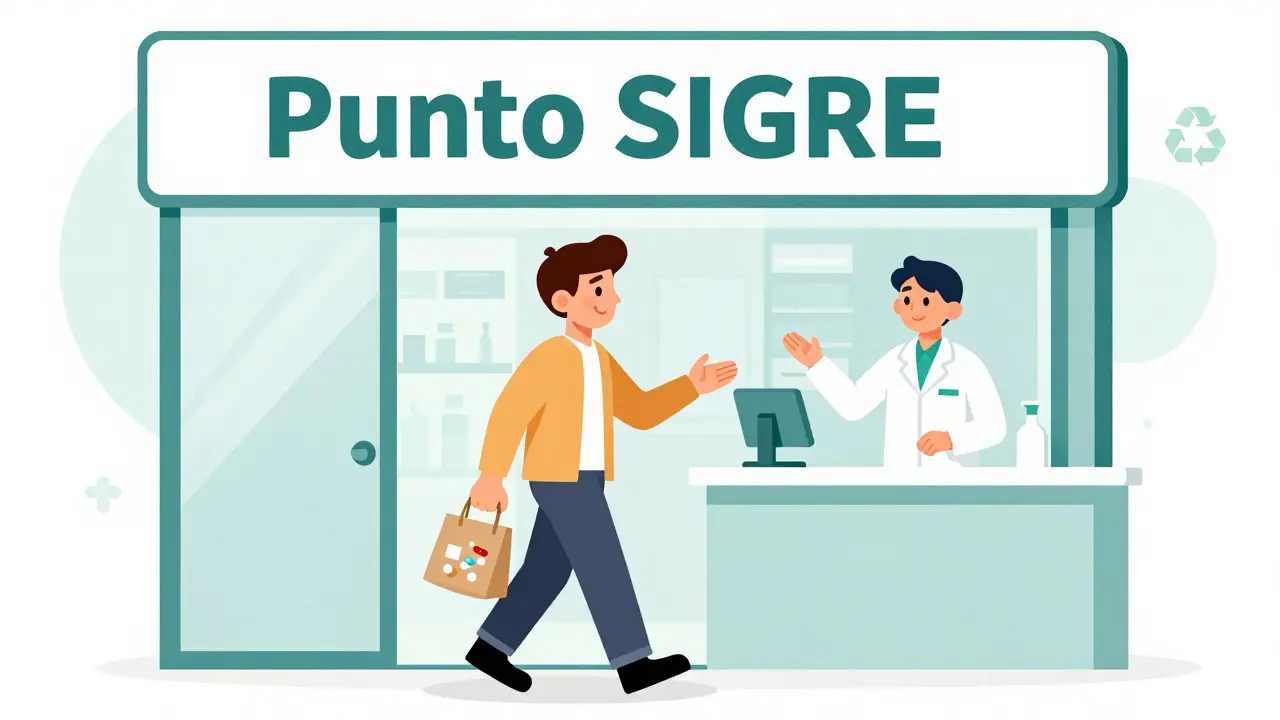 Persona entrega medicamentos caducados en el punto SIGRE de una farmacia española.