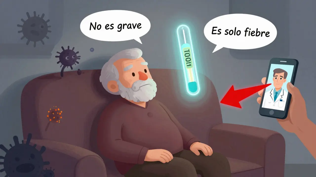 Persona mayor con fiebre de 101°F y una llamada médica emergente iluminada.