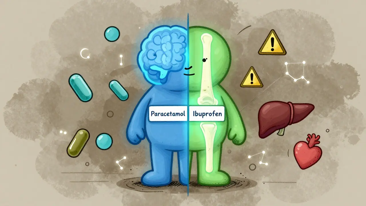 Personaje dividido en dos: uno con cerebro y paracetamol, otro con articulación inflamada e ibuprofeno, con moléculas flotantes.