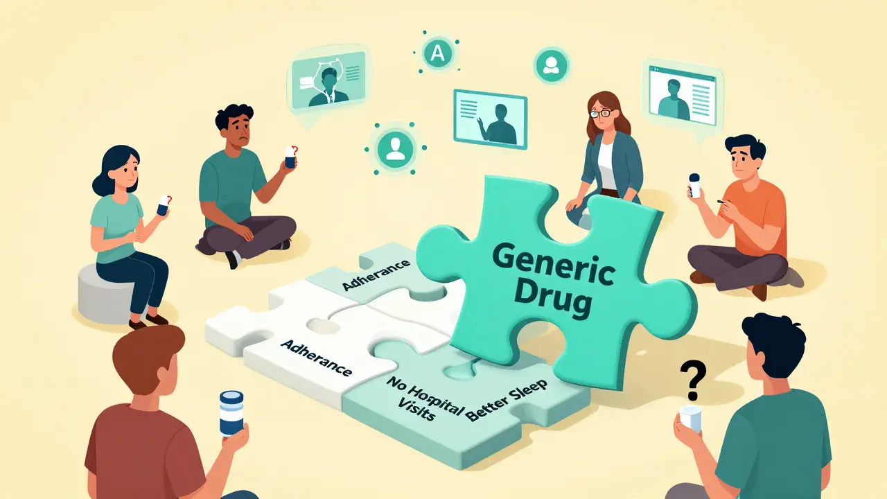 Pieza de rompecabezas genérica encajando en un sistema de salud, con inteligencia artificial y pacientes confundidos alrededor.