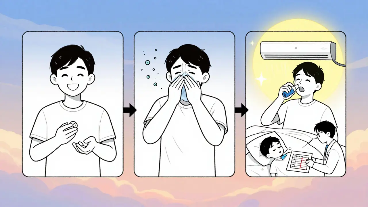 Secuencia de tres escenas: persona con pastilla, sintiendo alergia, luego con tratamiento y especialista.