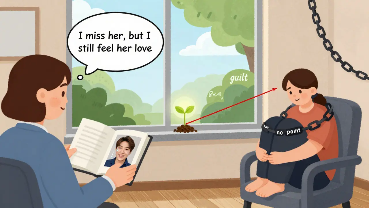 Terapeuta en oficina: cliente con foto sonriendo junto a otro envuelto en cadenas negras, con una semilla brillante al fondo.