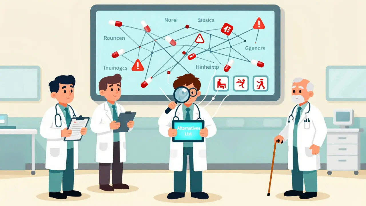 Tres médicos en una sala de emergencias con recetas caóticas, mientras un farmacéutico desenreda las interacciones peligrosas con una lista de alternativas.
